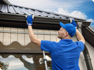 A gutter technician on a ladder up against a residential home installing gutters in Florida.