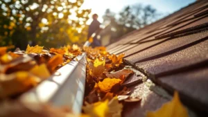 A home taht prevented clogged gutters by installing gutter guards in the fall. 