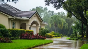 What do gutters do? A house in Florida with rain gutters protecting the landscaping during heavy rain. 